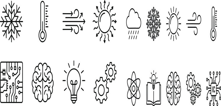 Thermometer Icons Set Showing Weather Temperatures, Sun and Cloud Signals, and Seasonal Cold and Heat Symbols