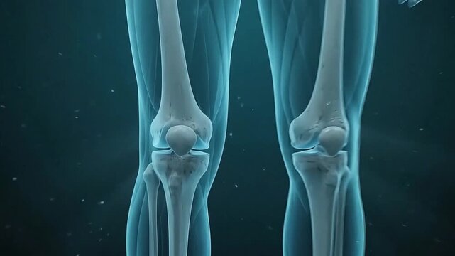 Medical 3d illustration of human leg skeleton with glowing knee joints, representing knee pain, arthritis, or orthopedic healthcare concept
