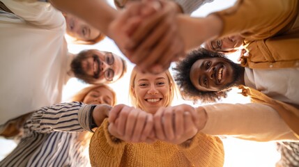 Obraz premium Diverse group of friends in a circle with hands clasped together in unity and teamwork