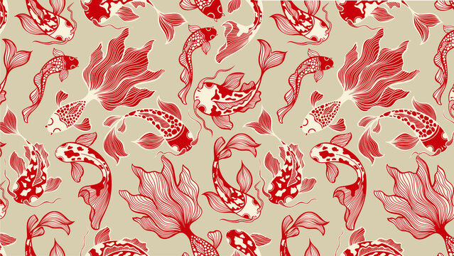 Seamless red koi fish pattern with elegant aquatic botanical elements.