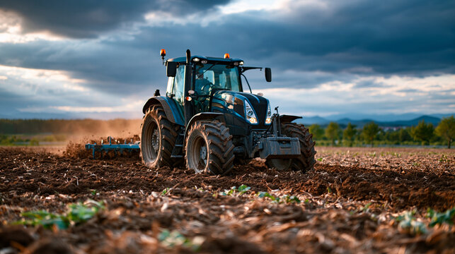 Tractor plowing a large agricultural field under dramatic clouds during traditional soil preparation work