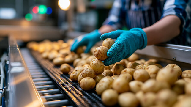 Worker sorting potatoes by size on an agricultural grading line in a commercial food processing facility photorealistic