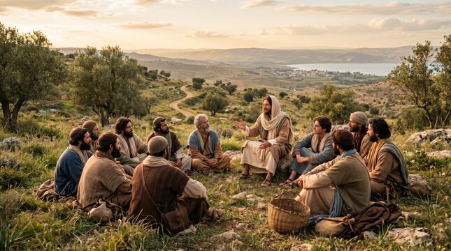 Jesus Christ teaching twelve disciples sitting on a hillside. Biblical scene of spiritual sermon outdoors. Religious concept of faith, history and ancient life in Israel landscape.
