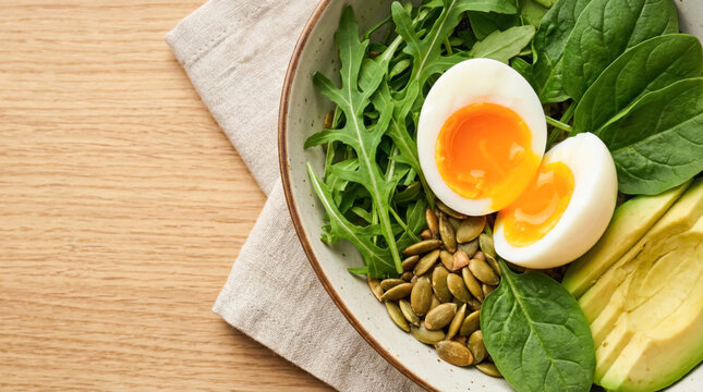 Fresh salad with soft-boiled egg, arugula, spinach, avocado, and pumpkin seeds