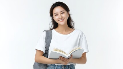 Fototapeta premium Happy young Asian student with backpack holding an open book, ready for education and learning