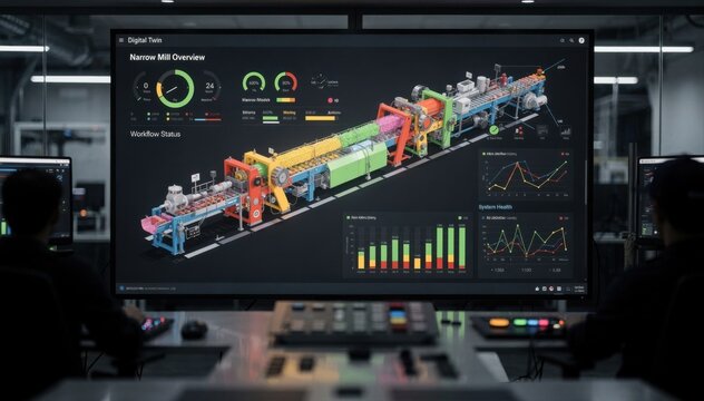 Medium shot capturing a control room wall screen showcasing a dynamic digital twin overview of narrow mill equipment highlighting workflow and system status with vivid graphical