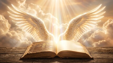 Naklejka premium Open Bible with glowing angel wings on wooden table. Religious book with divine light and ethereal feathers in sky background. Spiritual peace, faith concept and religious holiday.