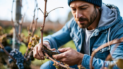 Fototapeta premium Man pruning grapevines in a vineyard during early spring, careful manual labor and agriculture work, photorealistic rural vineyard scene