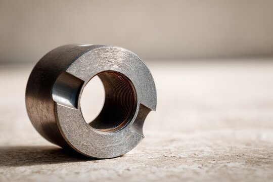 High precision steel threaded collet used in industrial machinery resting on a workbench with a blurred neutral background for manufacturing concept