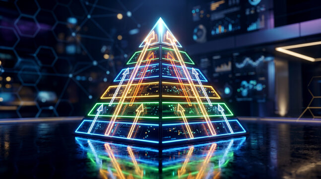 Glowing digital pyramid representing business growth and strategic success in a virtual environment
