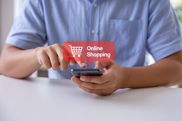 Obraz premium Man Using Smartphone for Online Shopping on Mobile Device Representing E-commerce and Digital Purchase Concept