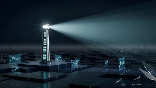 Tall beacon projecting light over digital landscape - Perfect for leadership vision, market guidance, or strategic pathfinding.