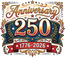 Fototapeta premium Vintage 250th anniversary emblem with floral ornate design and historical dates