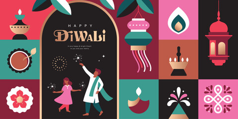 Happy Diwali greeting card, poster, flyer, cover, vector illustration with diya, lantern, oil lamp and an Indian family playing fireworks in geometric flat modern style. © BrixStudioIN