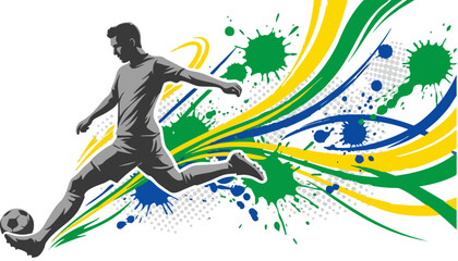 Fototapeta premium Dynamic soccer player kicking ball vector, abstract green and yellow paint splash background, athletic football player silhouette with motion trails