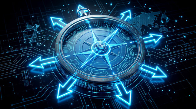 Digital compass navigation concept with glowing blue circuitry lines