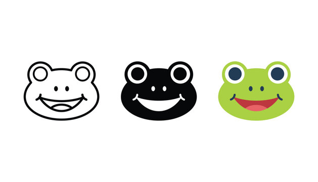 Cute cartoon frog face icons in three distinct styles featuring outline solid black and full color vector designs for playful branding or animal characters