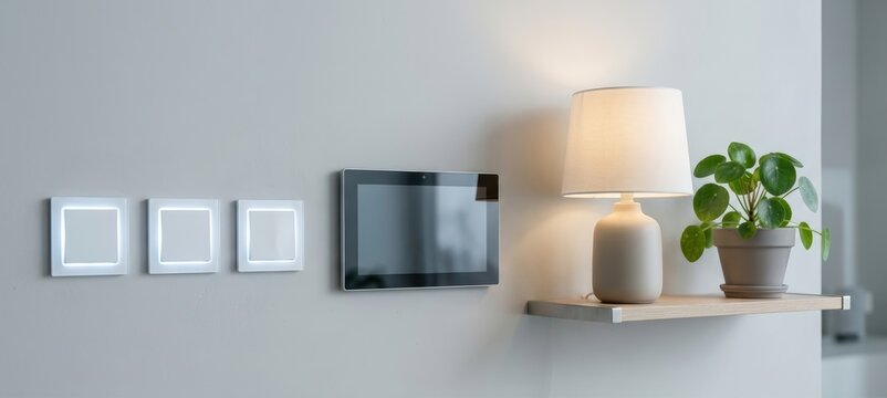 Modern smart home wall with glowing switches and control panel