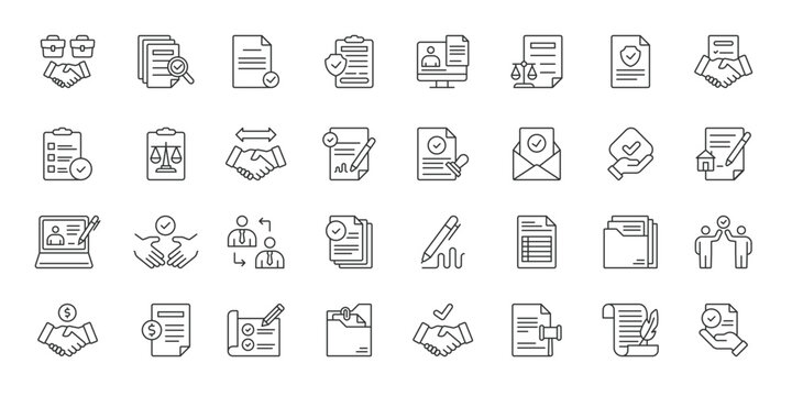 Contract Management icons in line design. contract management, agreement, document, signature, approval, negotiation, terms on white background vector. Contract Management editable stroke icons.