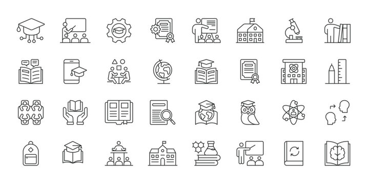 University icons in line design. university, education, campus, student, graduation, lecture, library on white background vector. University editable stroke icons.