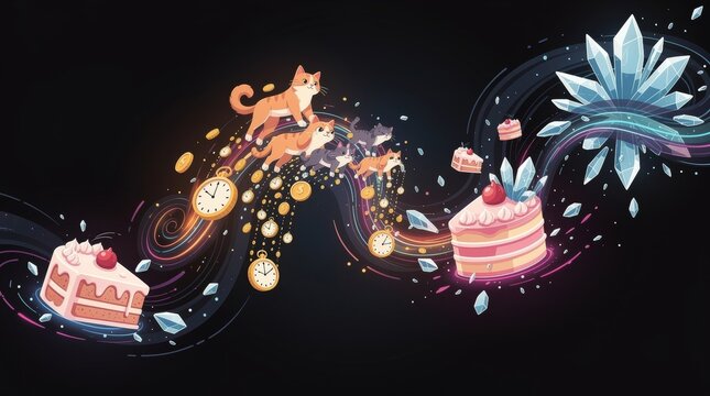 Whimsical cats chase dreams with clocks and cake