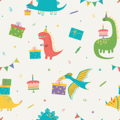 Cute seamless birthday pattern with colorful dinosaurs, gifts, cakes, candy and party decorations. Playful hand drawn design for kids fabric, wrapping paper, nursery decor, apparel and prints. © Irina Ostapenko