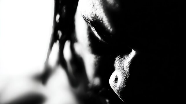 Dramatic black and white portrait close up of a human face in shadow