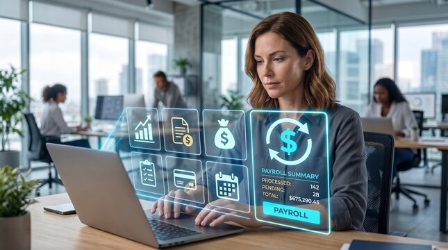 Payroll digital management system showing person operating financial software on laptop for salary calculation, tax payment and business accounting in digital fintech company setup