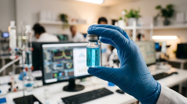Scientist holding vial of blue liquid in laboratory research setting