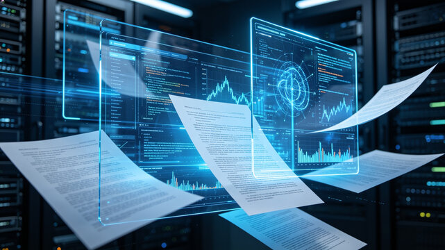Photorealistic futuristic digital screens with glowing cyber data analytics and machine learning code