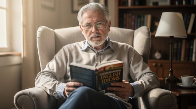 Elderly Man Reading English Idioms Book in Armchair