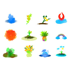 Obraz premium Hand Drawn Watercolor Fantasy Nature and Island Line Art Vector Set