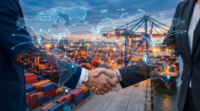 Global logistics network and international trade agreement with a handshake concept