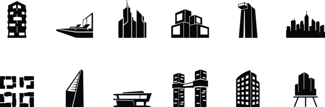 City skyline buildings skyscrapers icons set on white background
