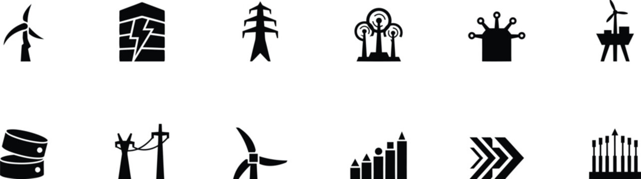 Various industrial and energy related vector icons set on white background
