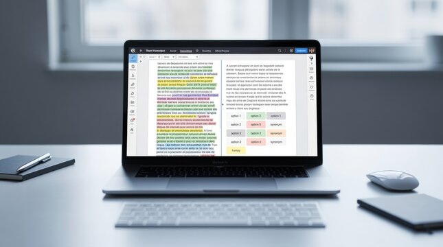 Laptop screen displaying text editing software with highlighted text