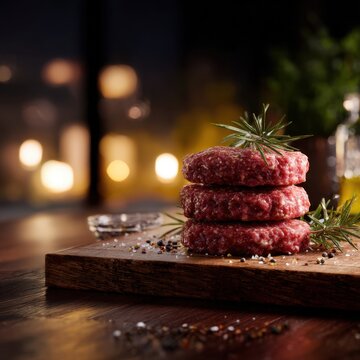 Stack of raw seasoned ground beef patties garnished with fresh rosemary on wooden cutting board with salt and pepper in cozy kitchen ambiance