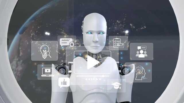 A sophisticated robot faces a digital interface filled with icons symbolizing communication, technology, and innovation, set against a cosmic background. Synapse