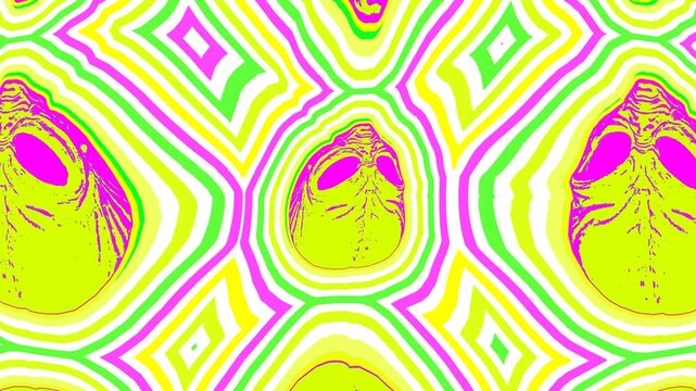Seamless psychedelics loopable animation of alien heads cartoon style with hippie lines mandala effect