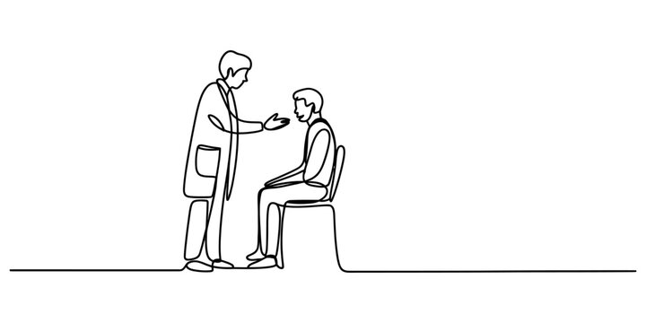 Continuous single line drawing of a doctor talking to a patient sitting on a chair during a medical consultation in a clinic office environment Vector, illustration