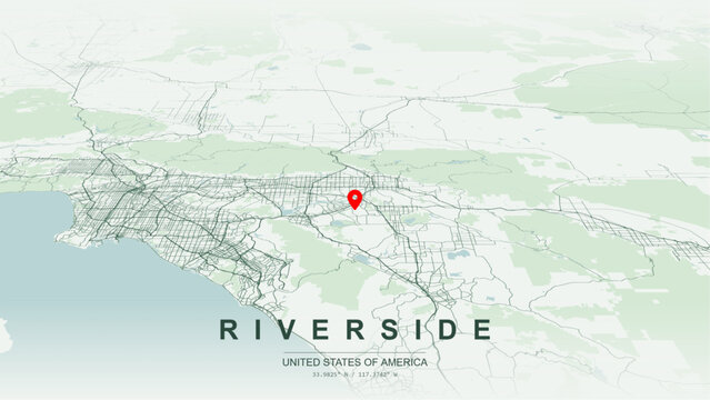 Modern minimalist vector map of Riverside, California, USA. High-quality scalable illustration of Riverside city grid, Santa Ana River, State Route 91, Interstate 215 for posters design.