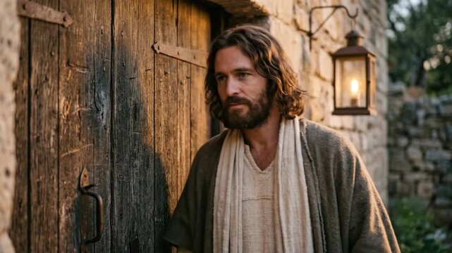 Jesus Christ is knocking on an old wooden door in the evening light. Religious scene showing the man waiting peacefully at entrance. Catholic faith concept.