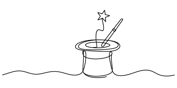 Magic hat with a wand and a star drawn in a continuous single line art style Vector, illustration