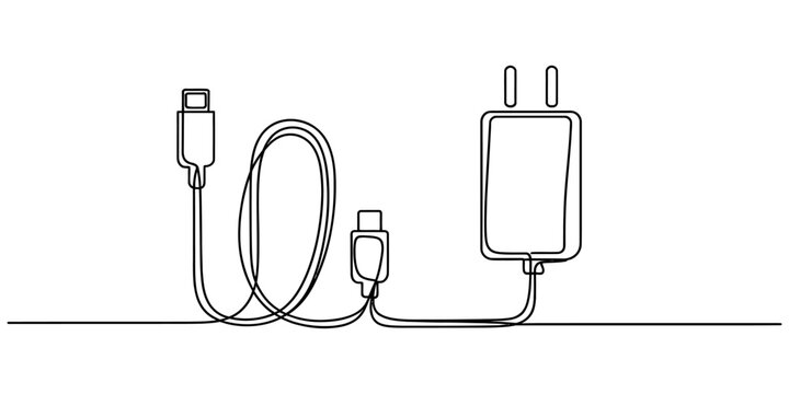 Continuous single line drawing of a mobile phone charger with a usb cable and adapter plug for charging electronic devices in a minimalist style Vector, illustration