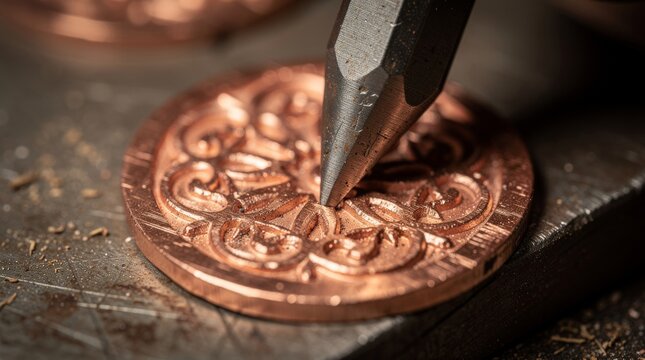 Artisan crafting ornate metalwork with a tool