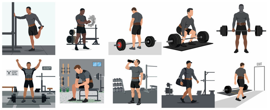Flat vector illustration of a male bodybuilder's workout routine set featuring powerlifting and gym exercises