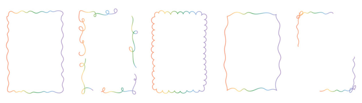Pastel wavy border frame set vector. Colorful decorative rectangle outlines for cards and invitations. Cute scalloped edge design isolated on white background.
