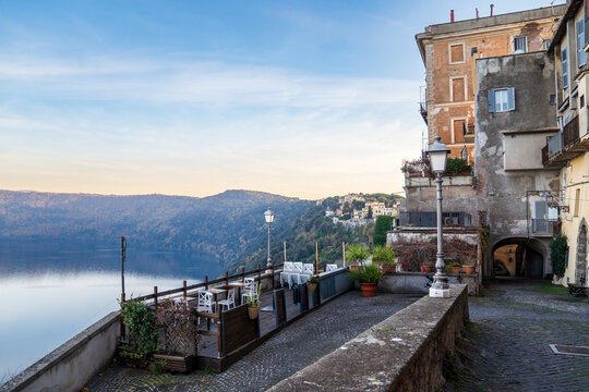 Panoramic terrace overlooking Lake Albano in the historic center of Castel Gandolfo, Italy