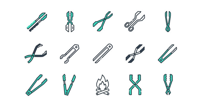 Set of various tongs illustrations with fire pit element design