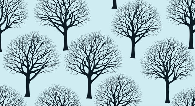Minimalist seamless pattern features black silhouettes of bare winter trees repeated across a light blue background.